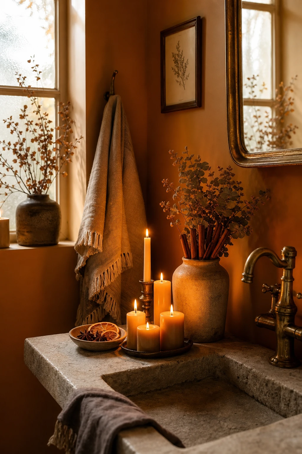Cozy fall decor bathroom with amber candlelight as the hero, warm flickering glow on Farrow and Ball Marmelo painted walls, dried botanicals and burnished brass fixtures