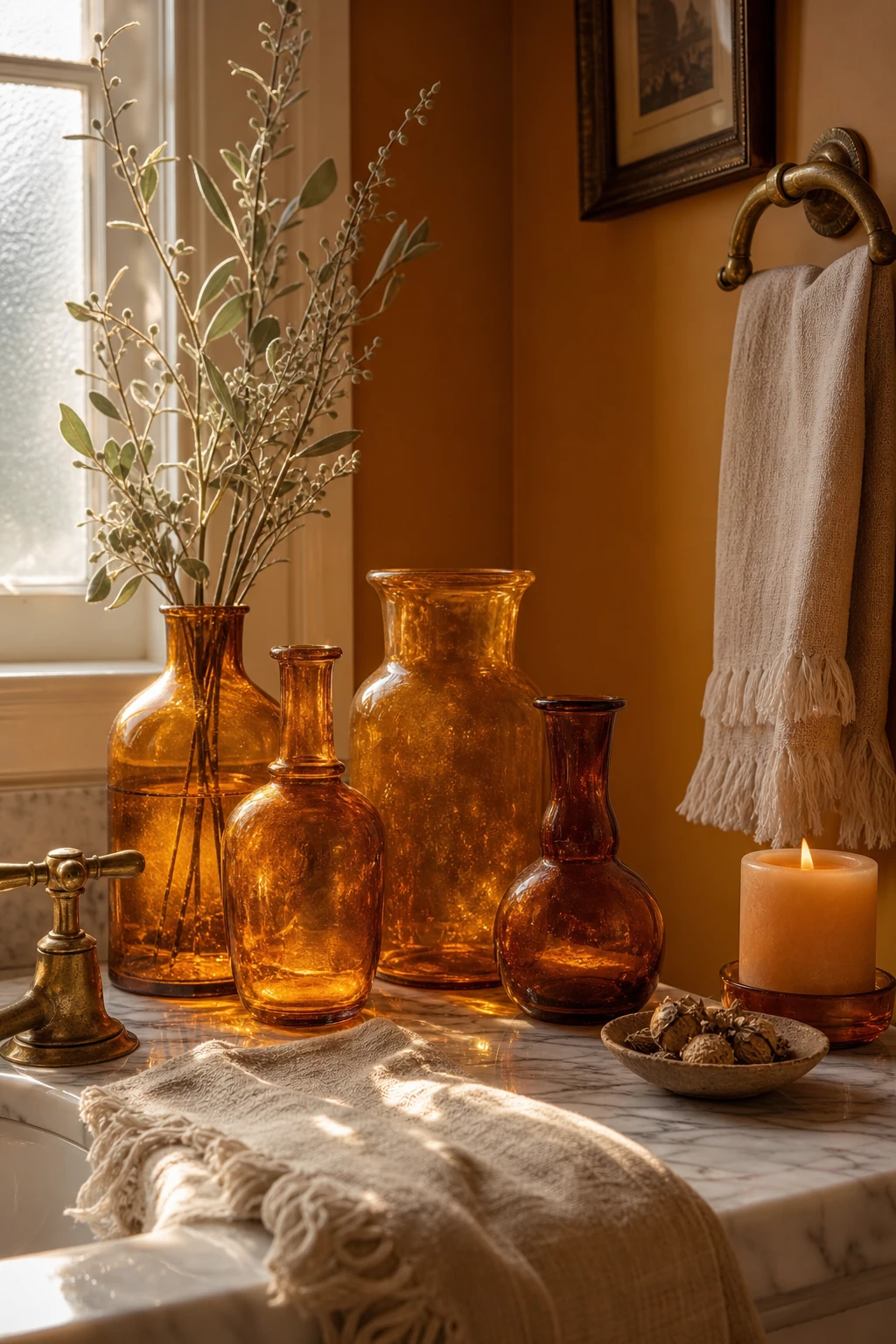 Cozy fall decor bathroom with amber glass vessels catching warm afternoon light on a marble vanity beside Farrow and Ball Orangery painted walls