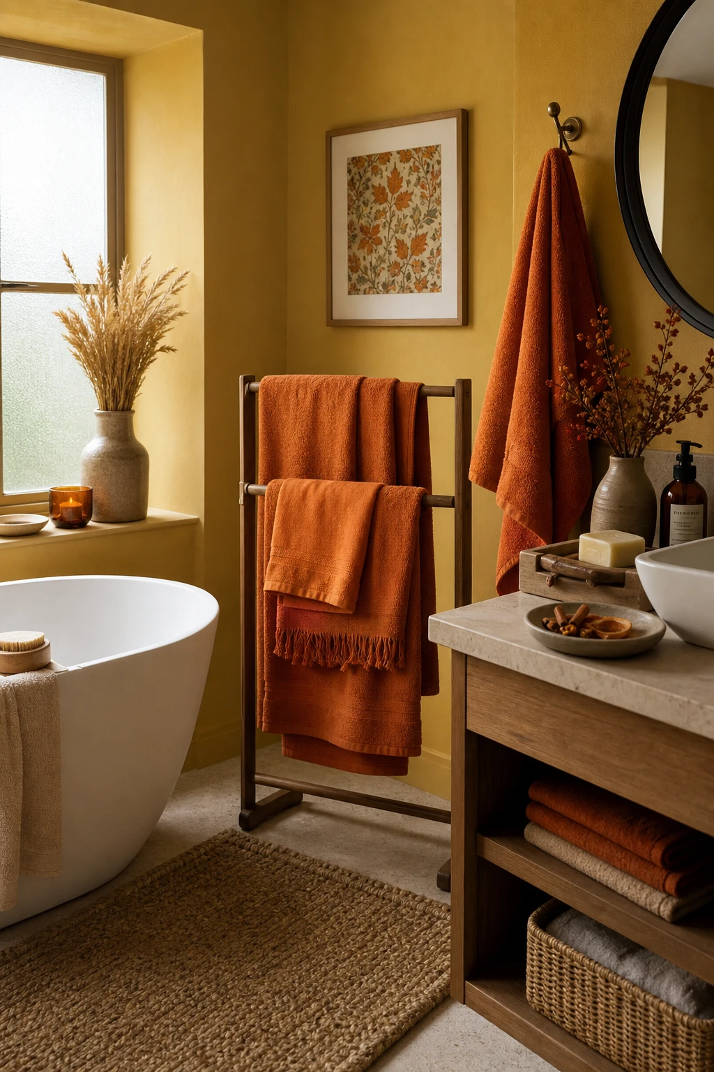 Cozy fall decor bathroom with autumn orange towels as the hero, warm India Yellow walls, wooden accessories and dried botanicals in soft afternoon light