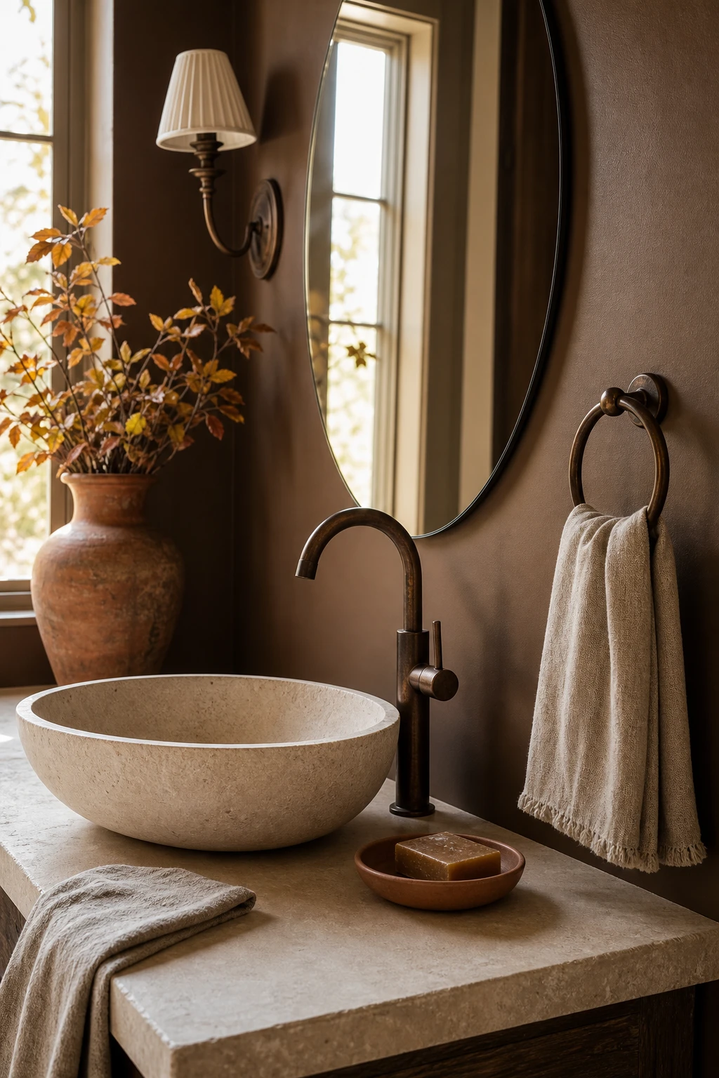 Cozy fall decor bathroom with bronze fixtures as the hero, warm amber tones, aged metal faucets, and Farrow & Ball Cardamom walls in soft natural light