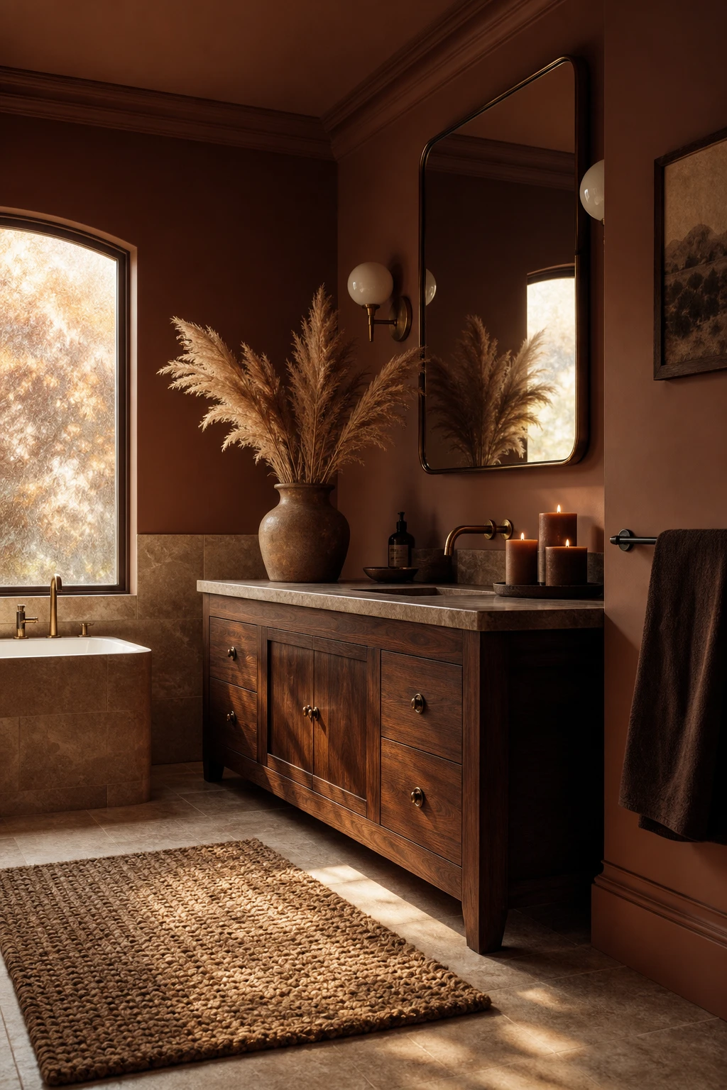 Cozy fall decor bathroom with burnt orange walls, deep brown accents, warm candlelight, woven textures and rich autumn tones creating an intimate seasonal retreat