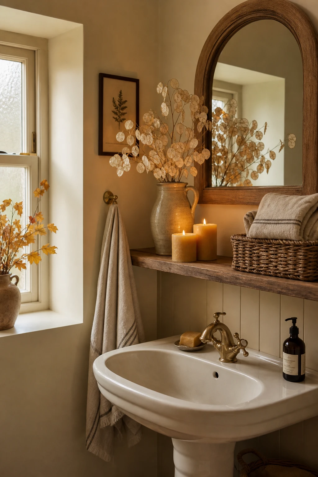 Cozy fall decor bathroom with cottage style, soft warm white walls, curved fittings, woven basket, dried botanicals and candlelight on a timber shelf