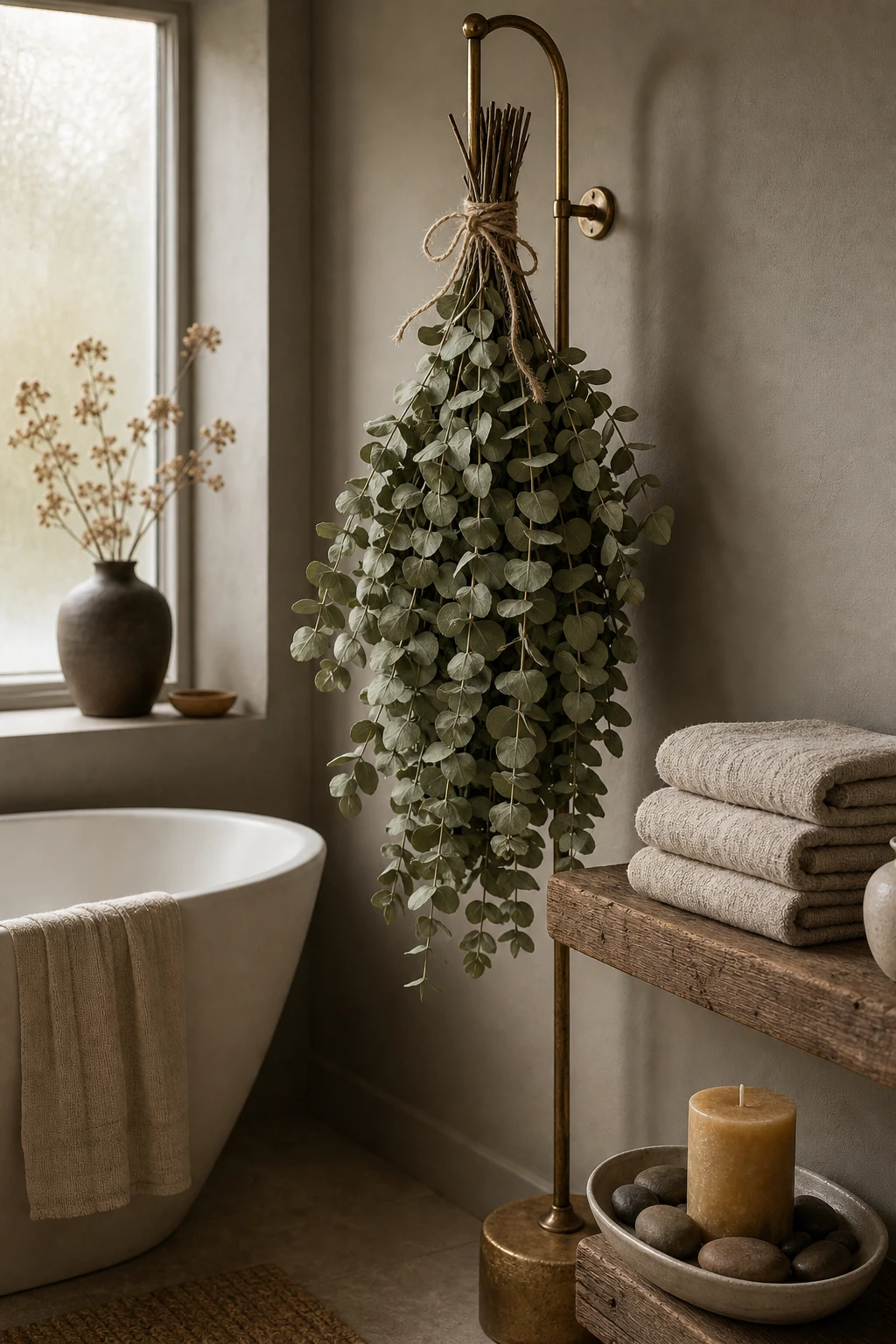 Cozy fall decor bathroom with dried eucalyptus bundles as hero, warm neutral walls, wooden accents, linen towels, and soft autumn morning light