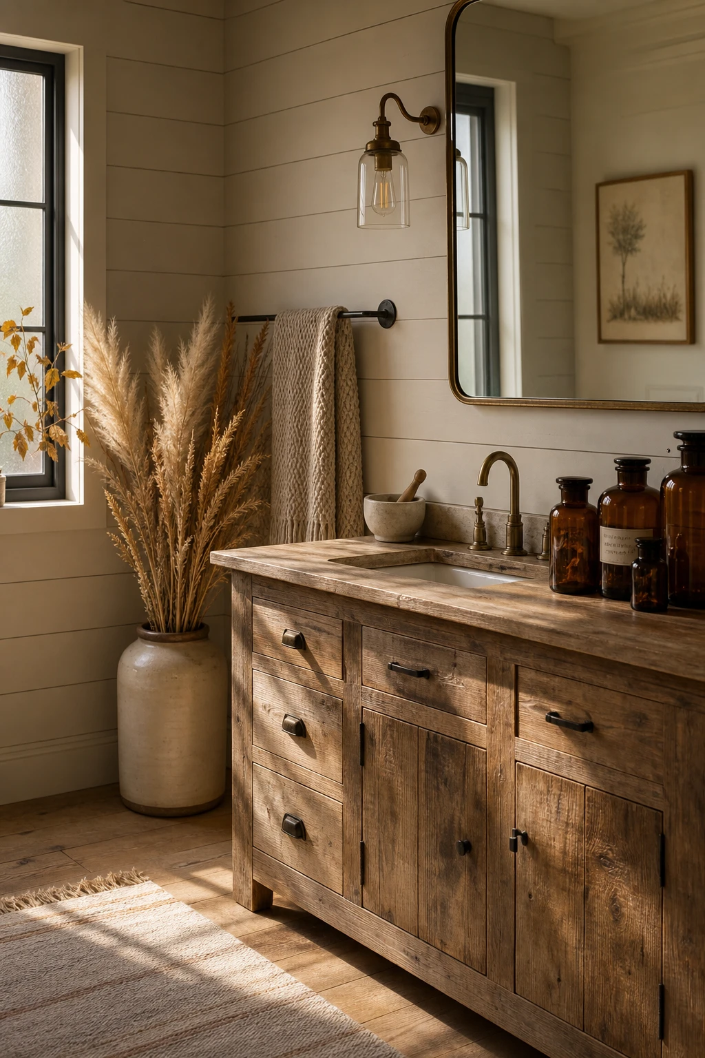 Cozy fall decor bathroom with farmhouse warmth, shiplap walls in Drop Cloth paint, wooden accents, dried botanicals, warm morning light