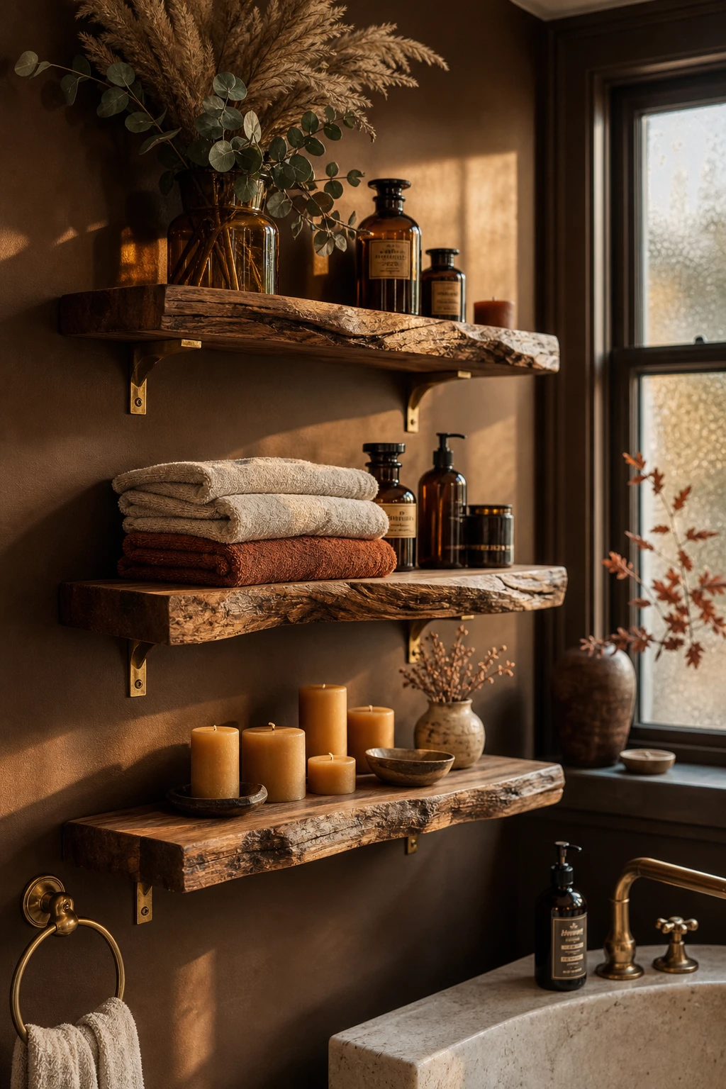 Cozy fall decor bathroom with floating wood shelves as hero, styled with amber glass bottles, dried botanicals, linen towels, and warm candlelight on Wainscot painted walls