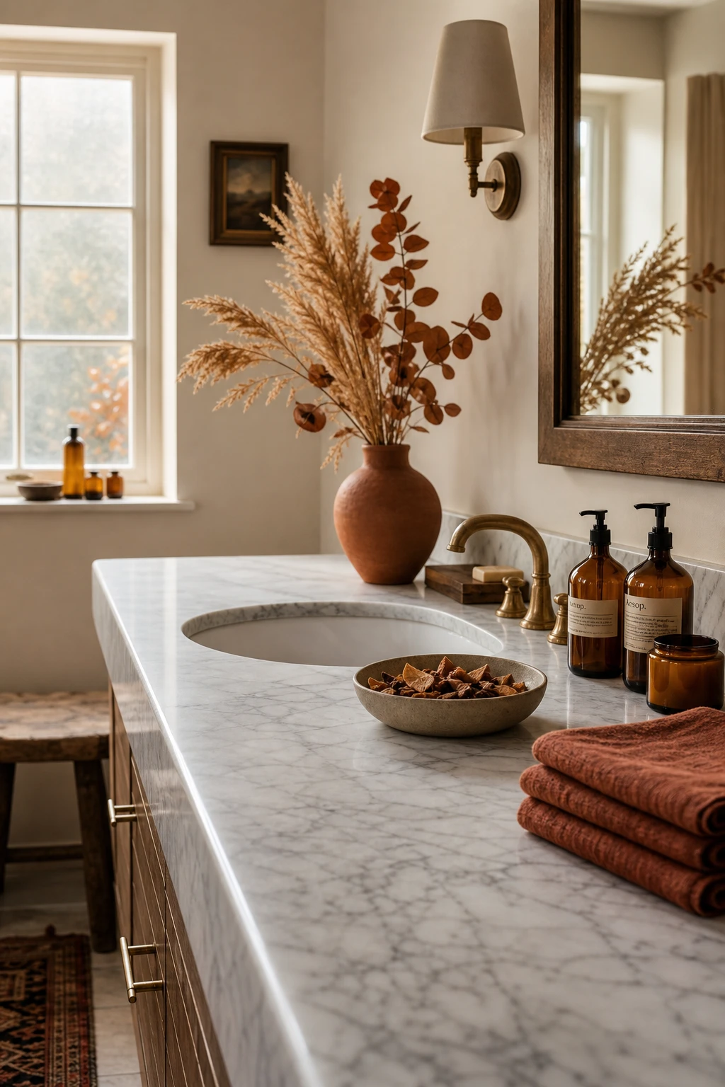 Cozy fall decor bathroom with marble countertops styled with warm amber accessories, dried botanicals, and soft towels in autumn tones