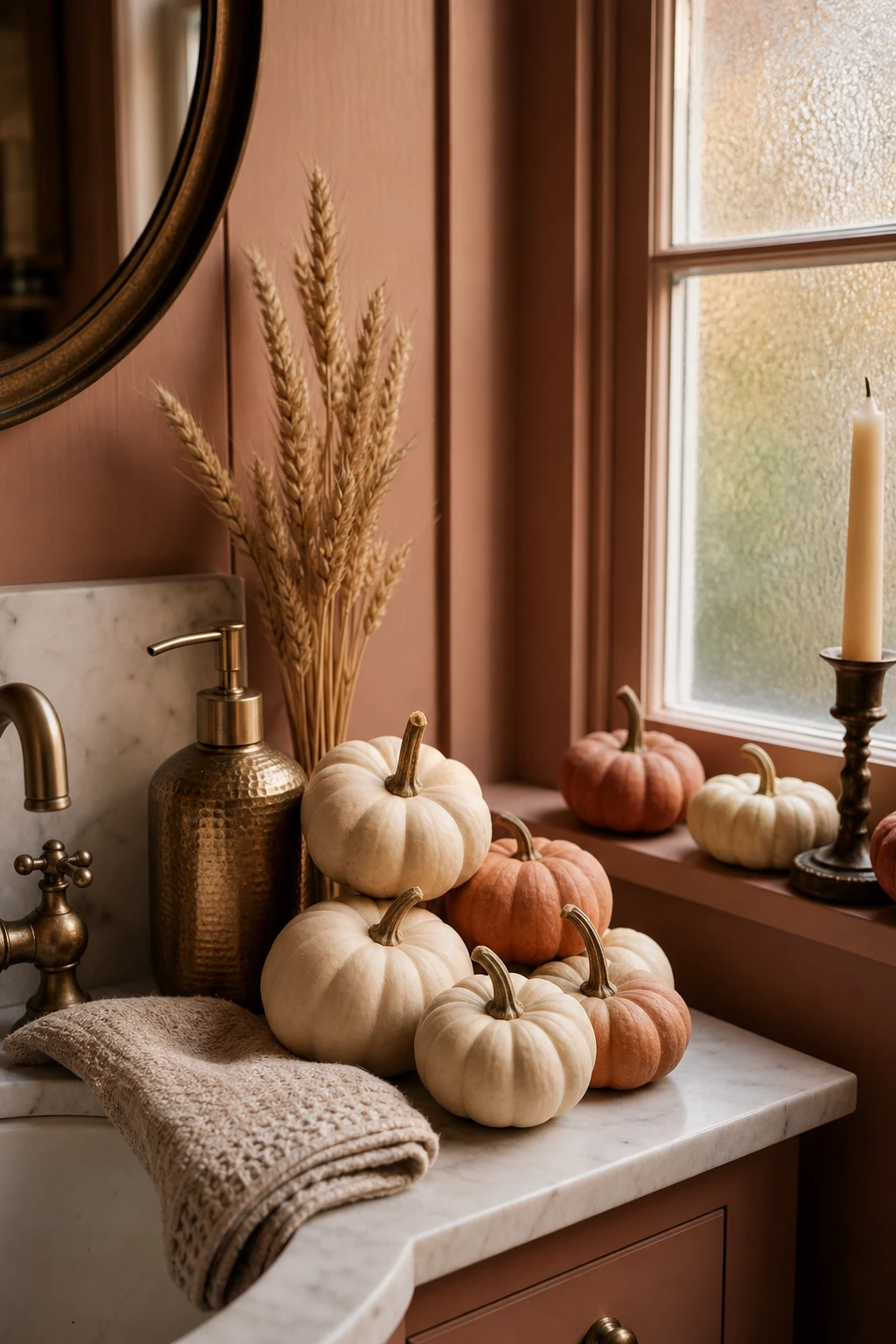 Cozy fall decor bathroom with mini pumpkins arranged on a marble counter and window sill, painted in Farrow & Ball Fowler Pink with warm autumn light