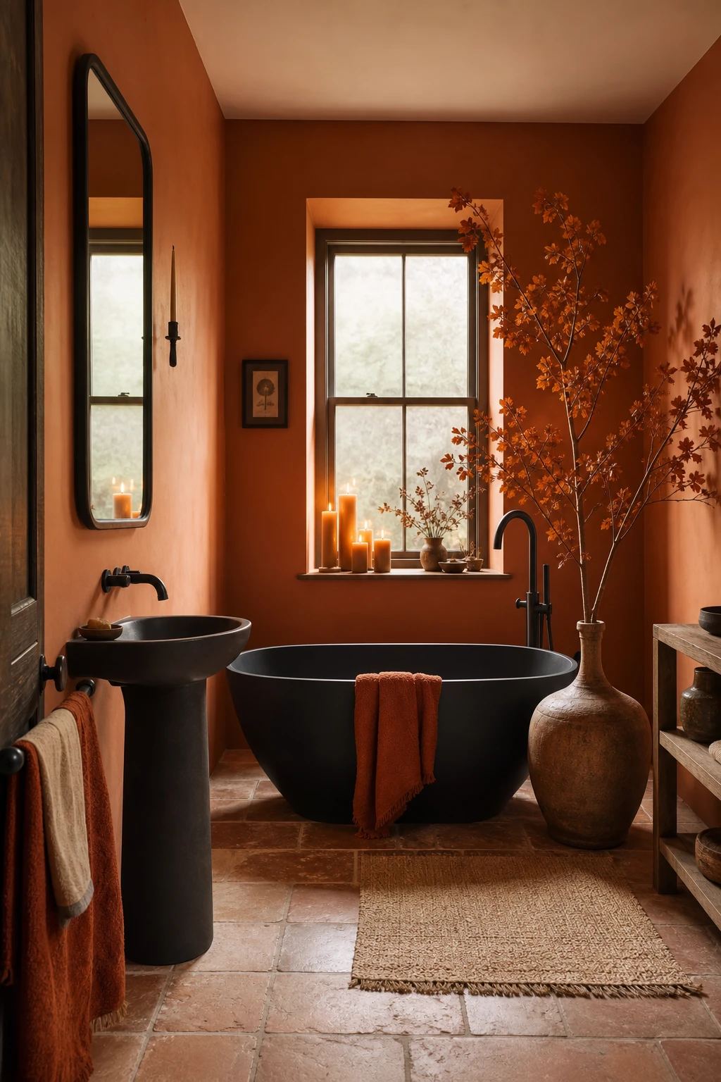 Cozy fall decor bathroom with orange and black as the hero, featuring warm amber lighting, matte black fixtures, and Farrow and Ball Dutch Orange painted walls