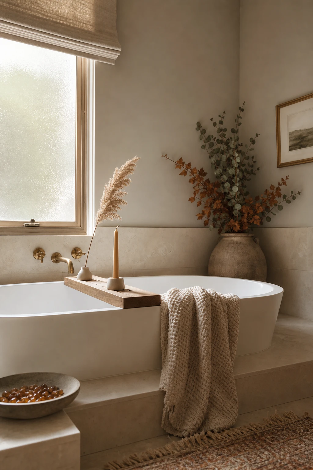 Cozy fall decor bathroom with spa serenity styling, warm neutral walls, natural textures, amber candlelight and seasonal botanicals in soft autumn light