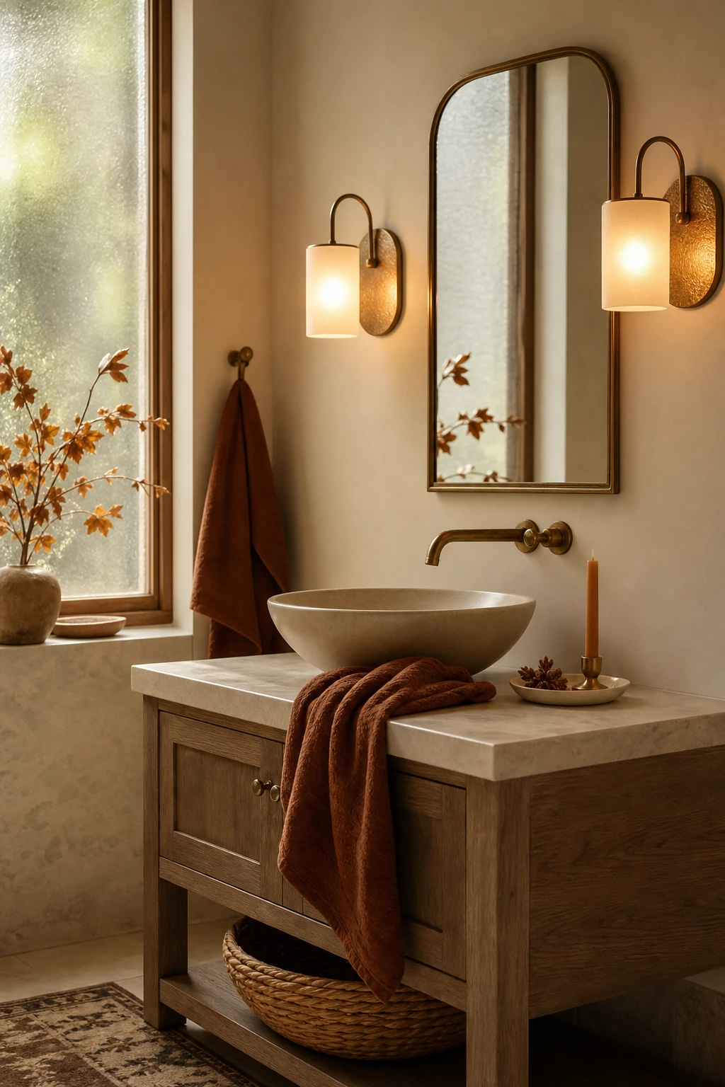 Cozy fall decor bathroom with warm bronze wall sconces flanking a vanity mirror, Farrow & Ball Shaded White walls, amber glass, and autumn textiles
