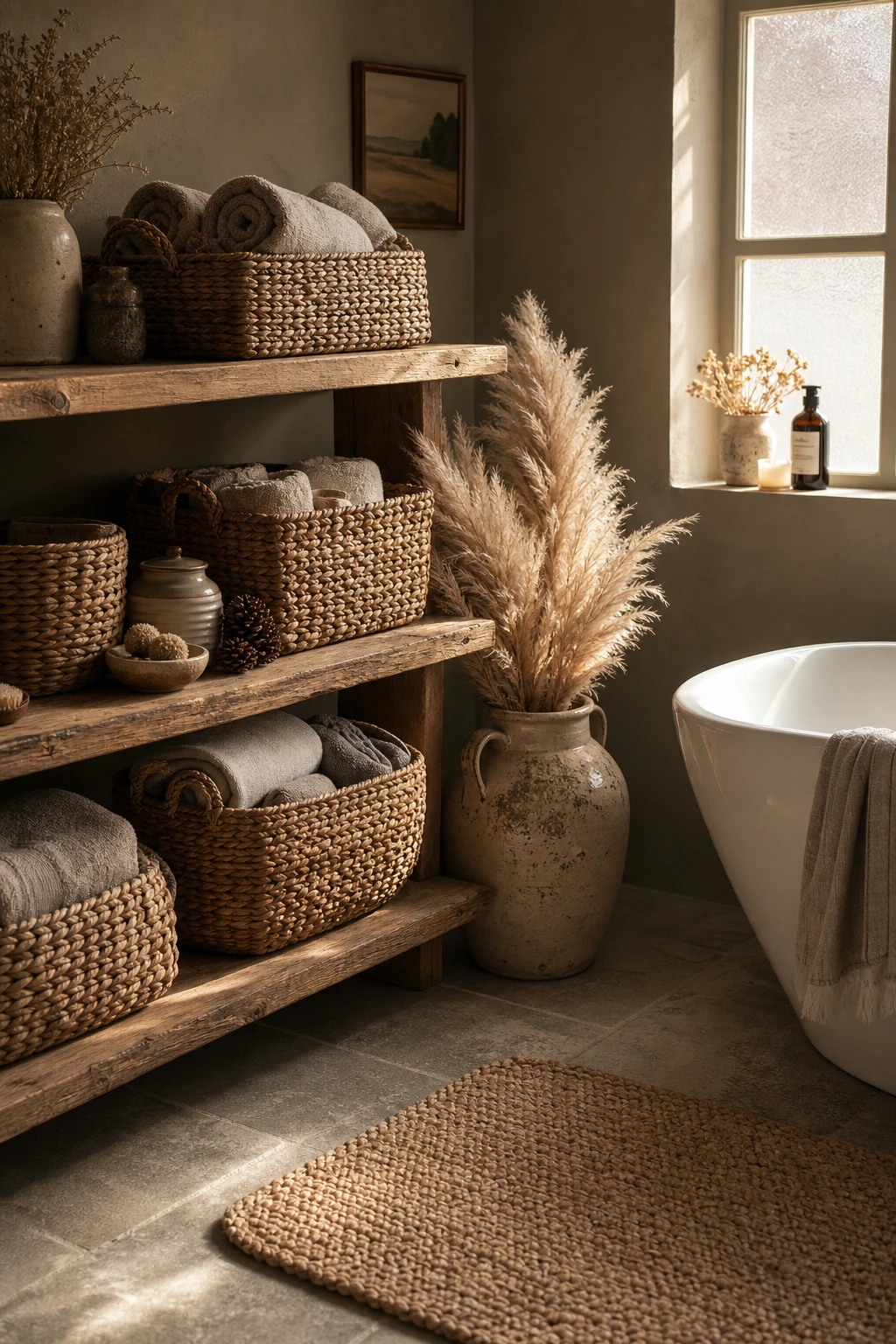 Cozy fall decor bathroom with woven baskets as the hero storage feature, warm brown tones, natural textures, and soft autumn light on rustic wood shelving