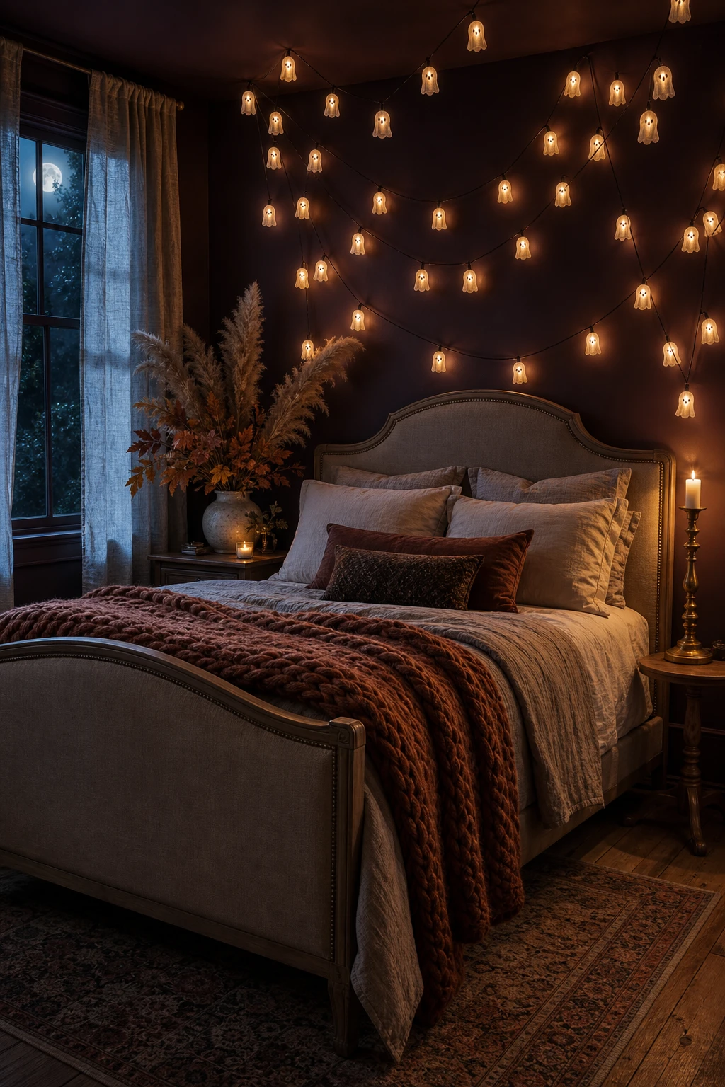 Cozy fall decor bedroom at night with ghost string lights draped over a canopy bed, Farrow & Ball Pelt purple walls, amber textiles and dried botanicals