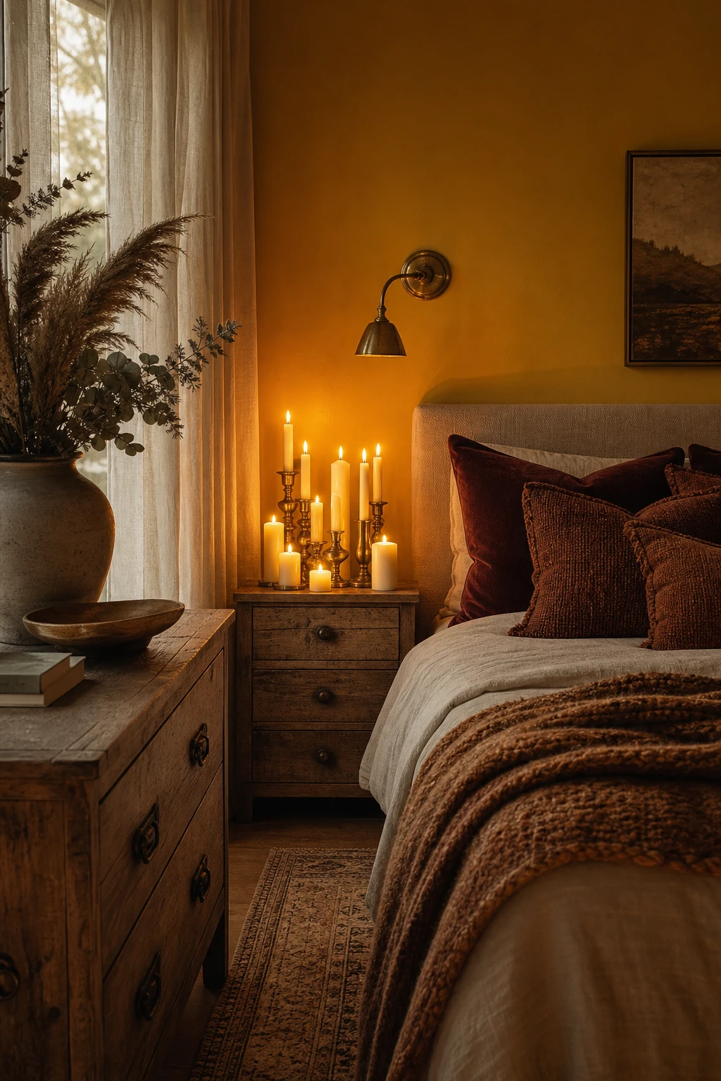 Cozy fall decor bedroom bathed in warm candle glow with clustered pillar candles on a wooden nightstand beside rich amber and rust bedding