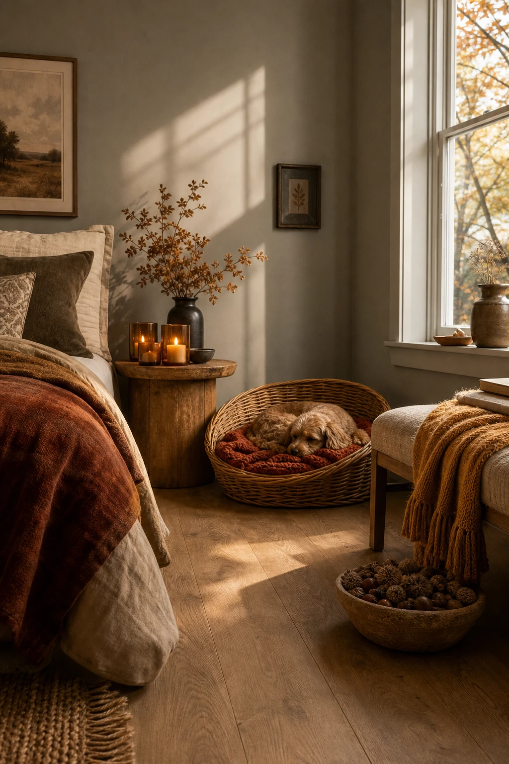 Cozy fall decor bedroom featuring an autumn indoor pet nook with warm blankets, a wicker basket bed, and Farrow & Ball Dimpse painted walls