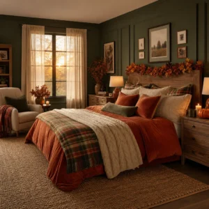 Cozy fall decor bedroom with dark green walls, a layered burnt orange and plaid bed, leaf headboard garland, glowing candles, and warm amber afternoon light.