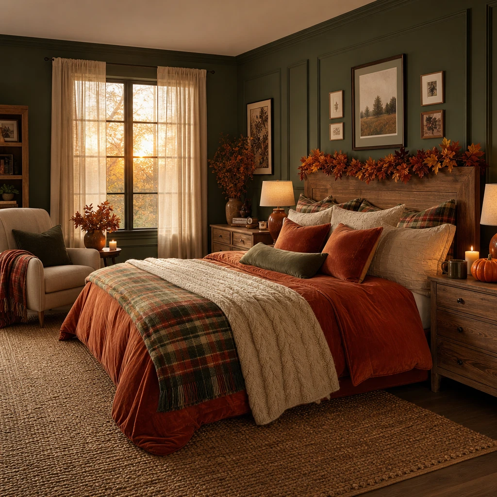 Cozy fall decor bedroom with dark green walls, a layered burnt orange and plaid bed, leaf headboard garland, glowing candles, and warm amber afternoon light.
