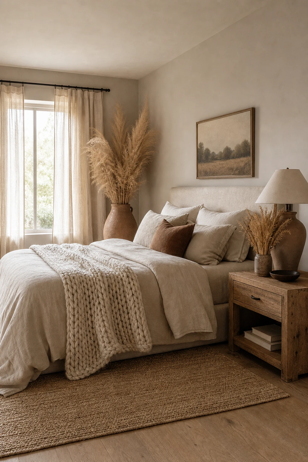 Cozy fall decor bedroom in a neutral palette with warm linen bedding, chunky knit throw, dried pampas grass, and Farrow and Ball Elephants Breath walls