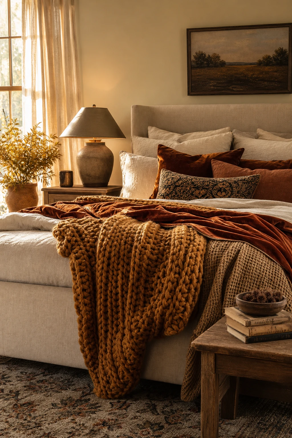 Cozy fall decor bedroom layered with chunky knit and velvet throws in amber and rust tones against Farrow and Ball Tallow walls in warm afternoon light