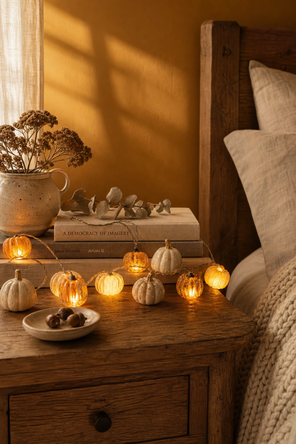 Cozy fall decor bedroom nightstand styled with glowing pumpkin lights beside warm amber textiles and a stack of autumn books in soft candlelight