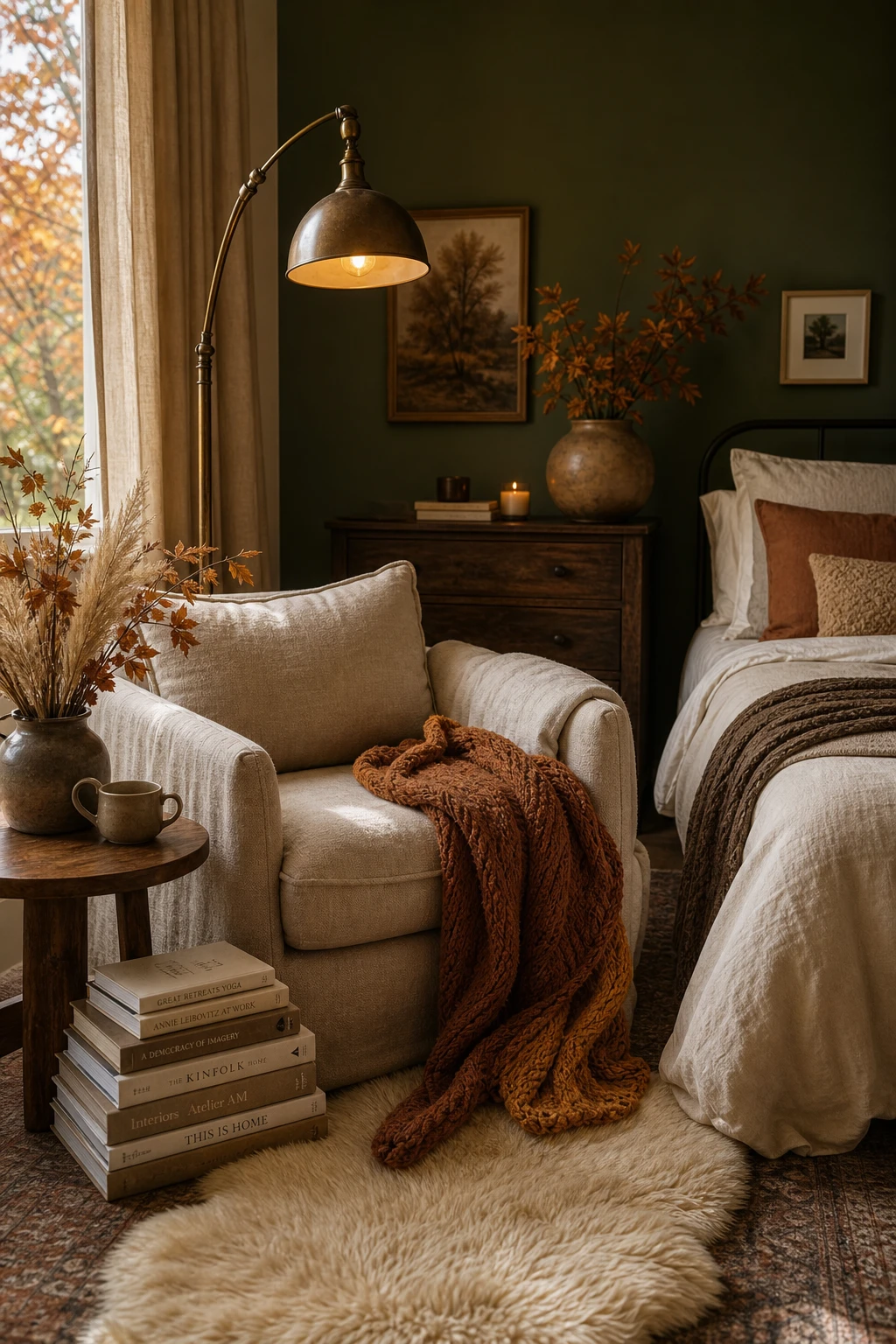 Cozy fall decor bedroom styled corner with layered textiles, a reading chair, warm amber lighting, and Farrow & Ball Monkey Puzzle green accent wall