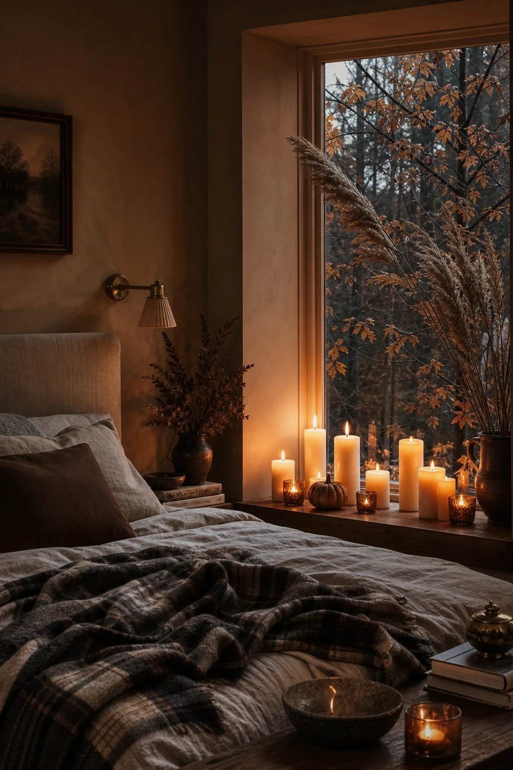 Cozy fall decor bedroom window ledge styled with pillar candles glowing at dusk, warm neutral walls, plaid throw, and amber glass votives
