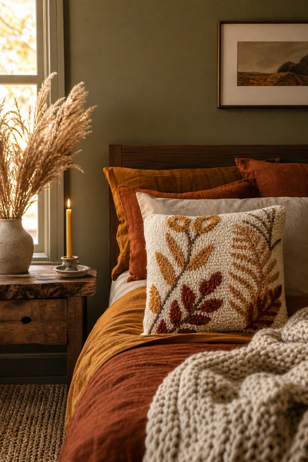 Cozy fall decor bedroom with a handmade punch needle pillow as hero, warm amber bedding, chunky knit throw, and wooden nightstand in soft autumn light