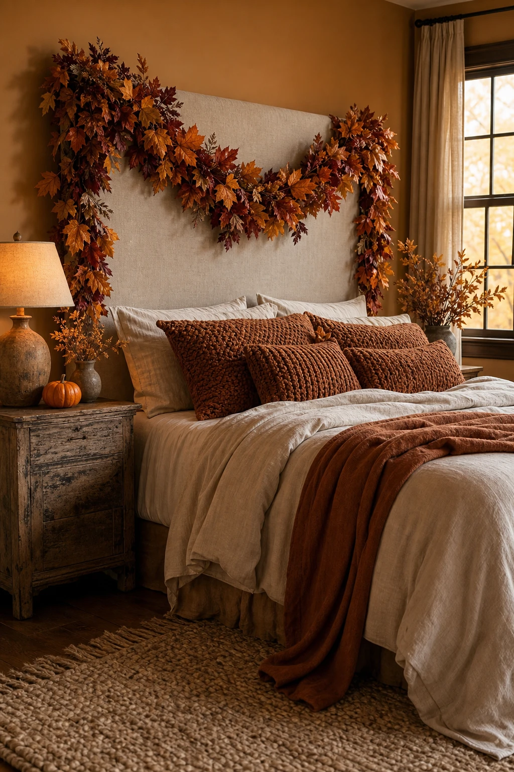 Cozy fall decor bedroom with a leaf garland draped over a linen headboard, warm amber light, Farrow and Ball Orangery painted wall behind