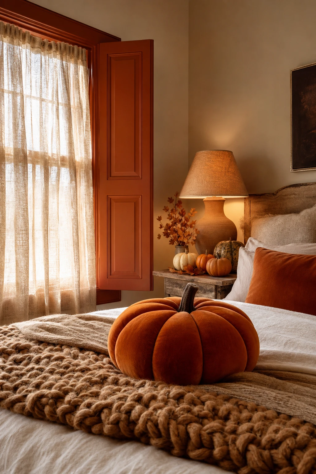 Cozy fall decor bedroom with a pumpkin shaped cushion as the hero accent on a neatly styled bed with warm autumn tones