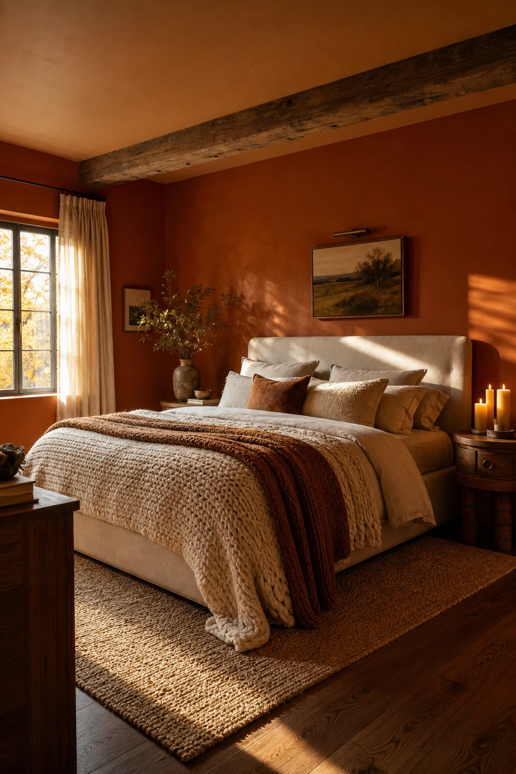Cozy fall decor bedroom with burnt orange walls painted in Farrow and Ball Charlottes Locks, layered wool bedding, wood nightstand and warm candlelight