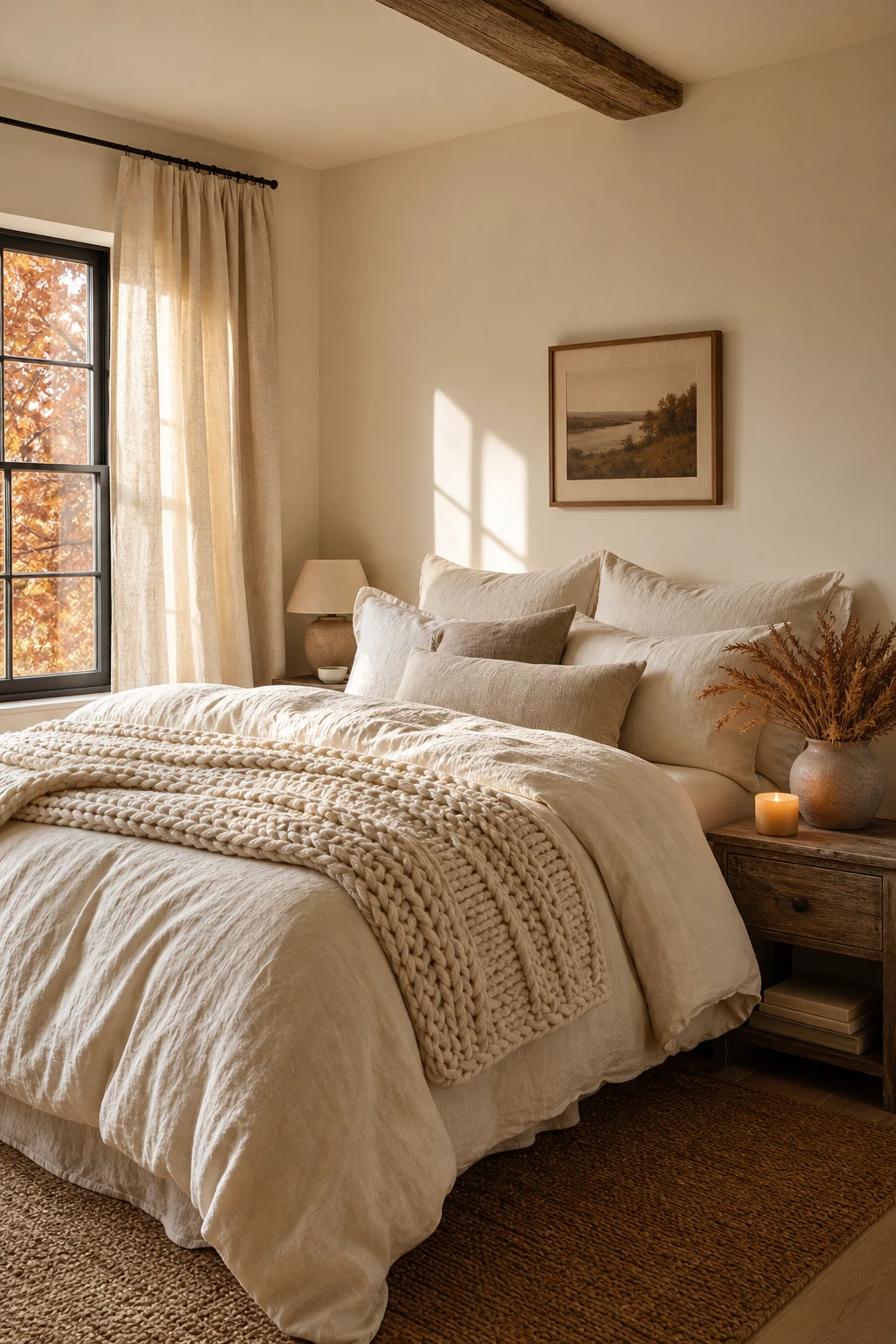 Cozy fall decor bedroom with cream bedding as the hero, layered textures, warm amber accents, and Farrow & Ball Clunch painted walls in soft afternoon light