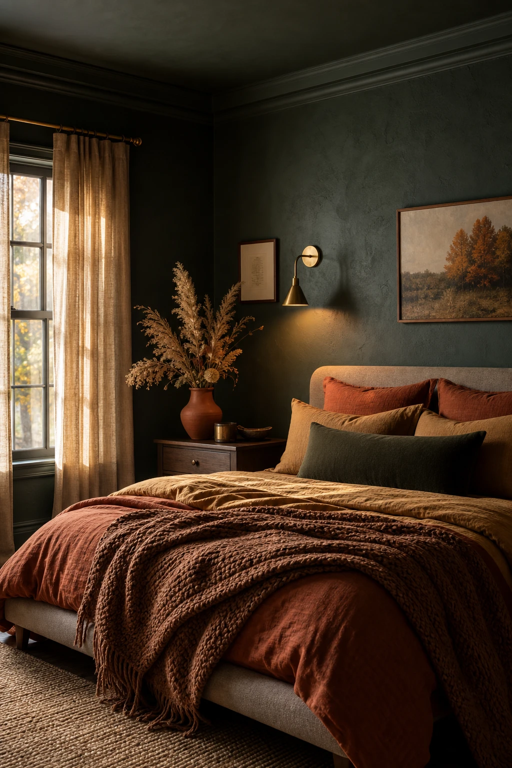 Cozy fall decor bedroom with dark green walls, layered amber bedding, brass sconce lighting, wooden nightstand, and dried botanicals in warm autumn light