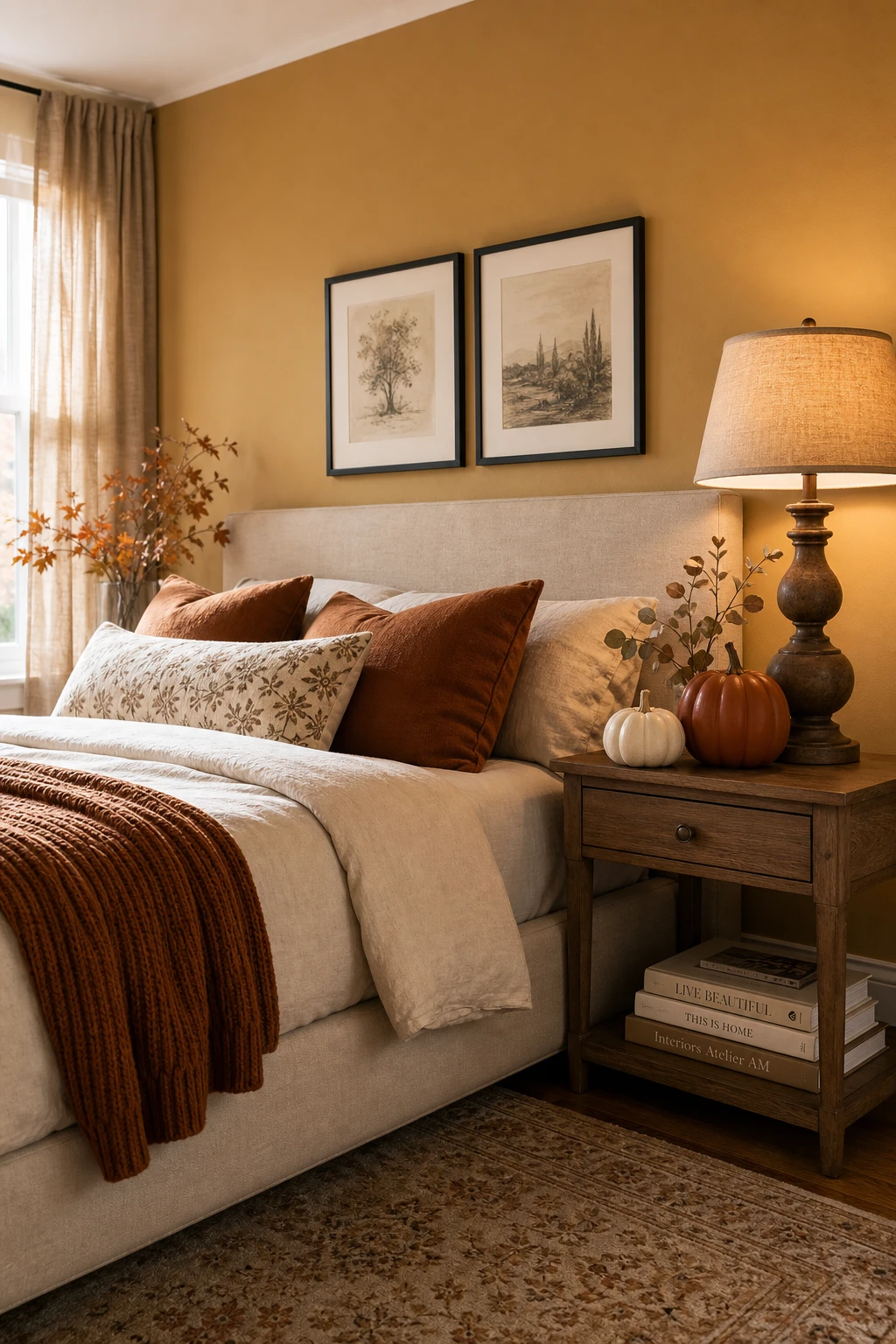 Cozy fall decor bedroom with elegant pumpkin decor clustered on a nightstand beside warm amber lighting and rich autumn textiles