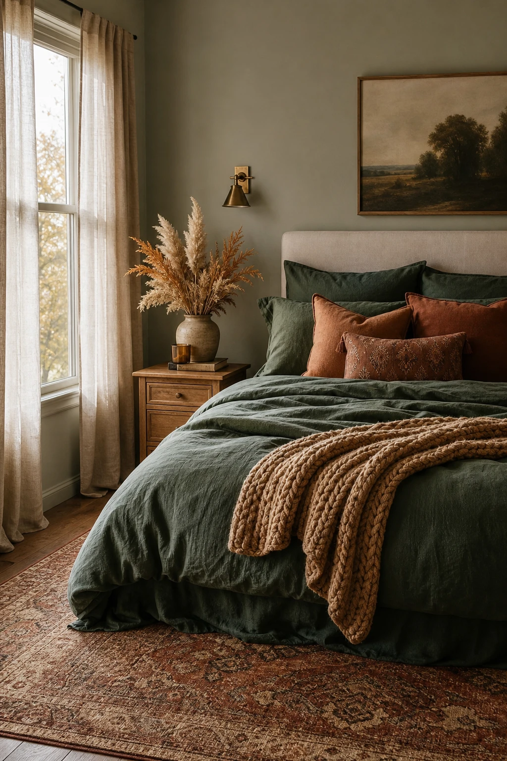 Cozy fall decor bedroom with forest green bedding as the hero, layered with rust linen pillows, a chunky knit throw, warm oak nightstand, and dried botanicals in soft autumn light