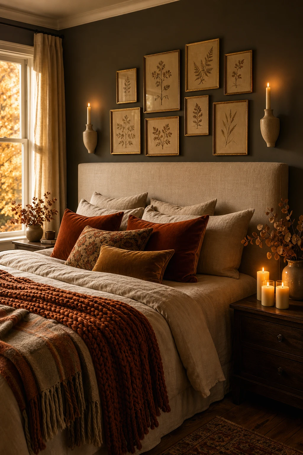 Cozy fall decor bedroom with headboard styling as hero, featuring autumn botanical prints, layered textiles, warm candlelight, and Farrow & Ball Drab painted walls