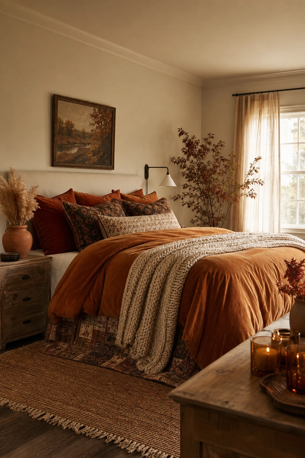Cozy fall decor bedroom with layered autumn bedding in warm amber, rust and cream tones, soft morning light, Drop Cloth painted walls