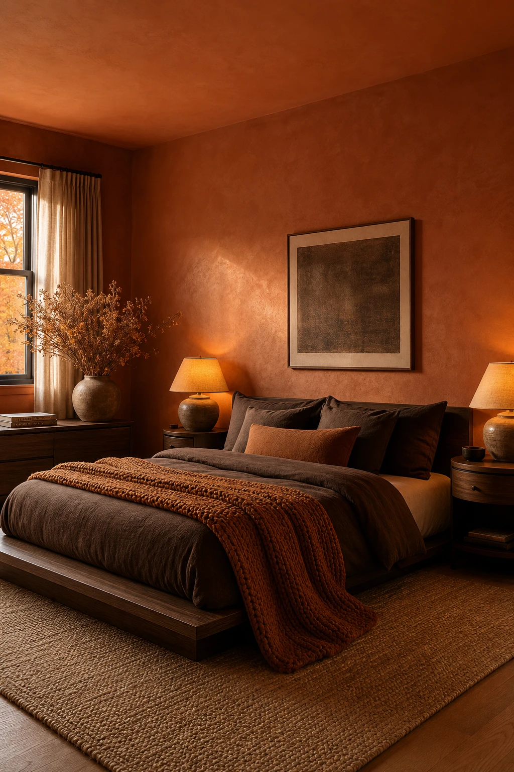 Cozy fall decor bedroom with orange and brown palette, terracotta walls, chunky knit throw, walnut bed frame, and amber lamplight at dusk
