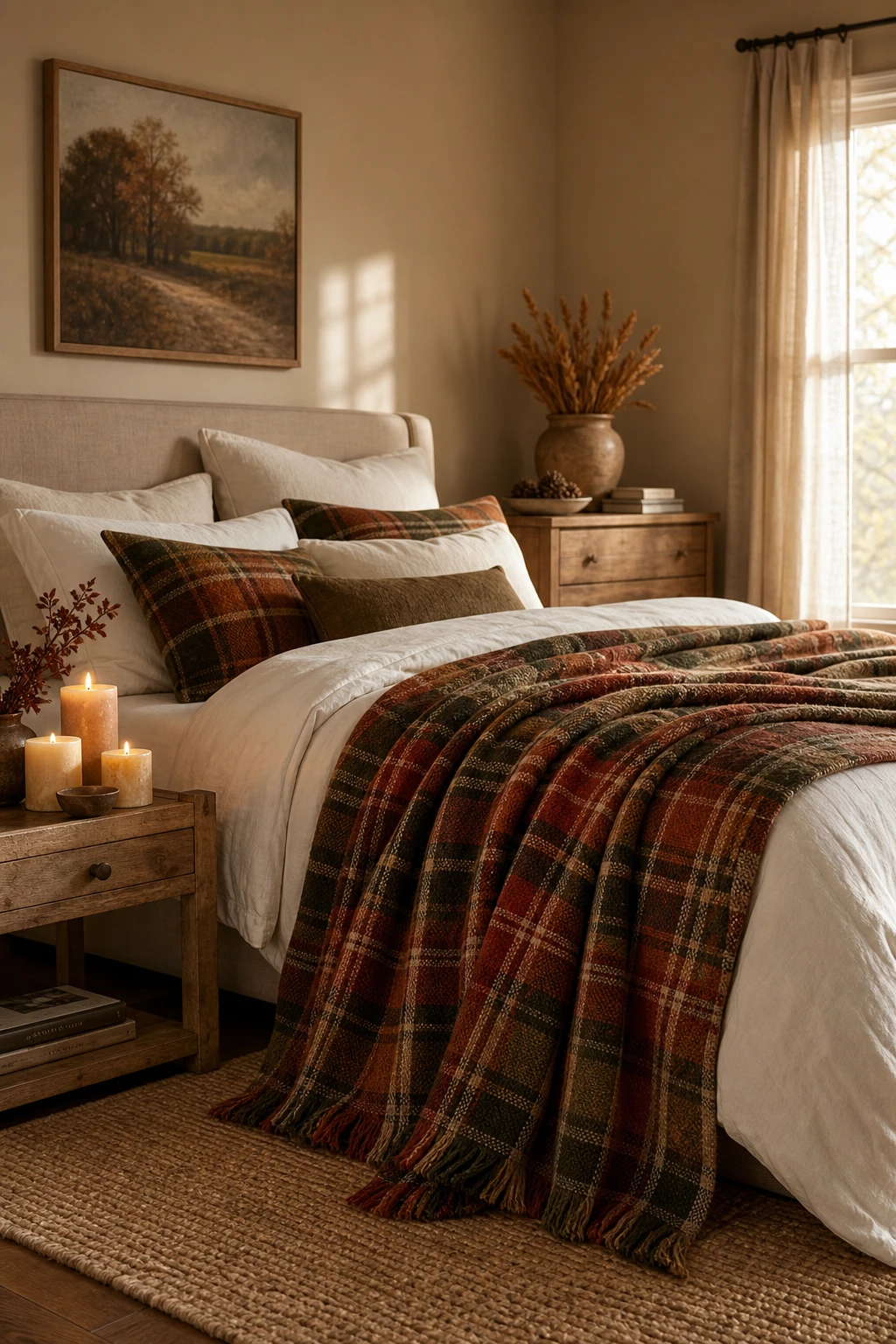 Cozy fall decor bedroom with plaid blankets draped over a neutral linen bed, warm candlelight, and rich amber and sienna tones throughout