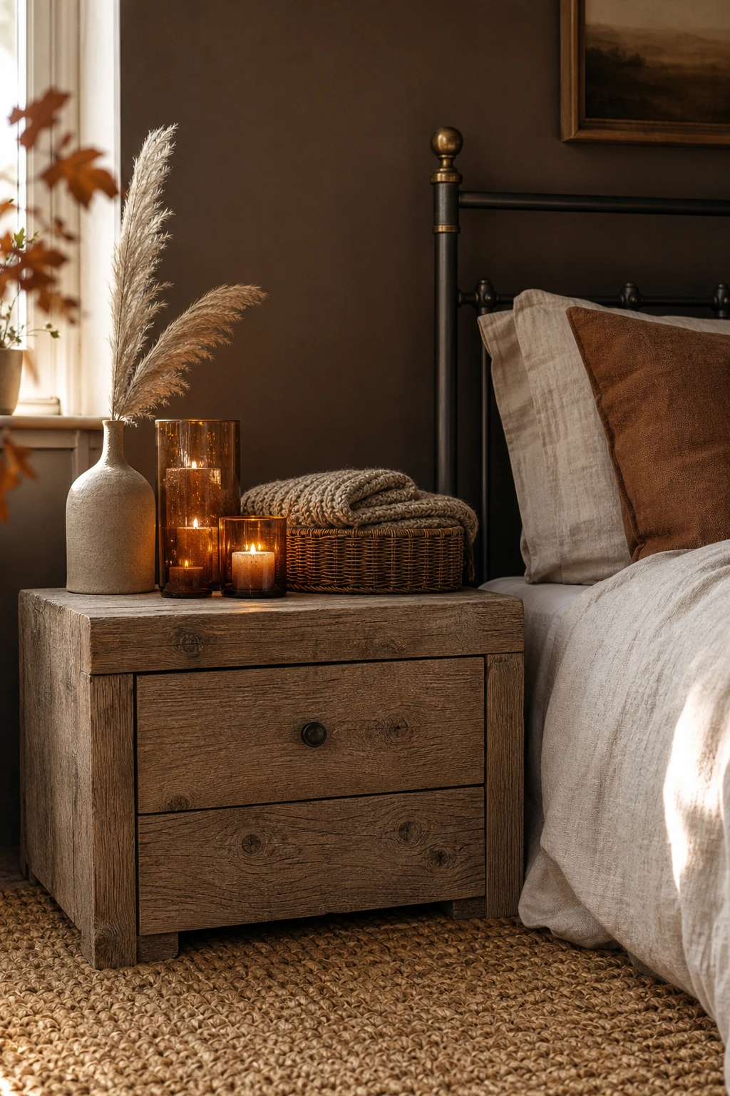 Cozy fall decor bedroom with rustic fall details including wicker baskets, jute rug, raw wood nightstand, and warm amber candlelight on Farrow & Ball Wainscot walls