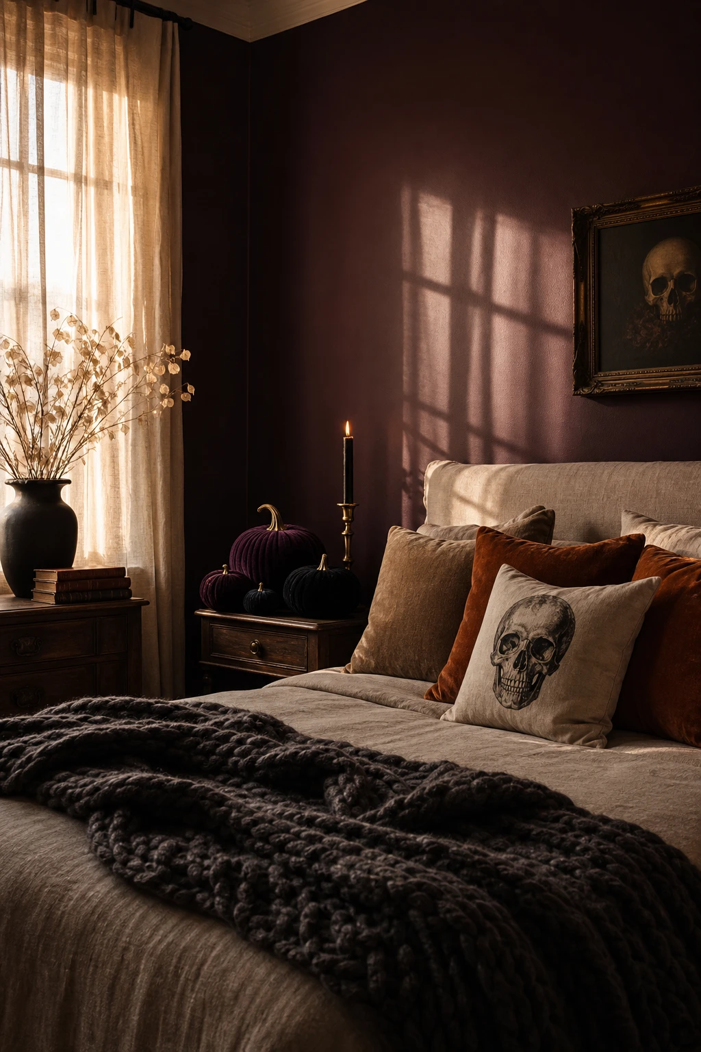 Cozy fall decor bedroom with sophisticated Halloween accents including dark velvet pumpkins, a skull motif pillow, and moody candlelight on a linen dressed bed