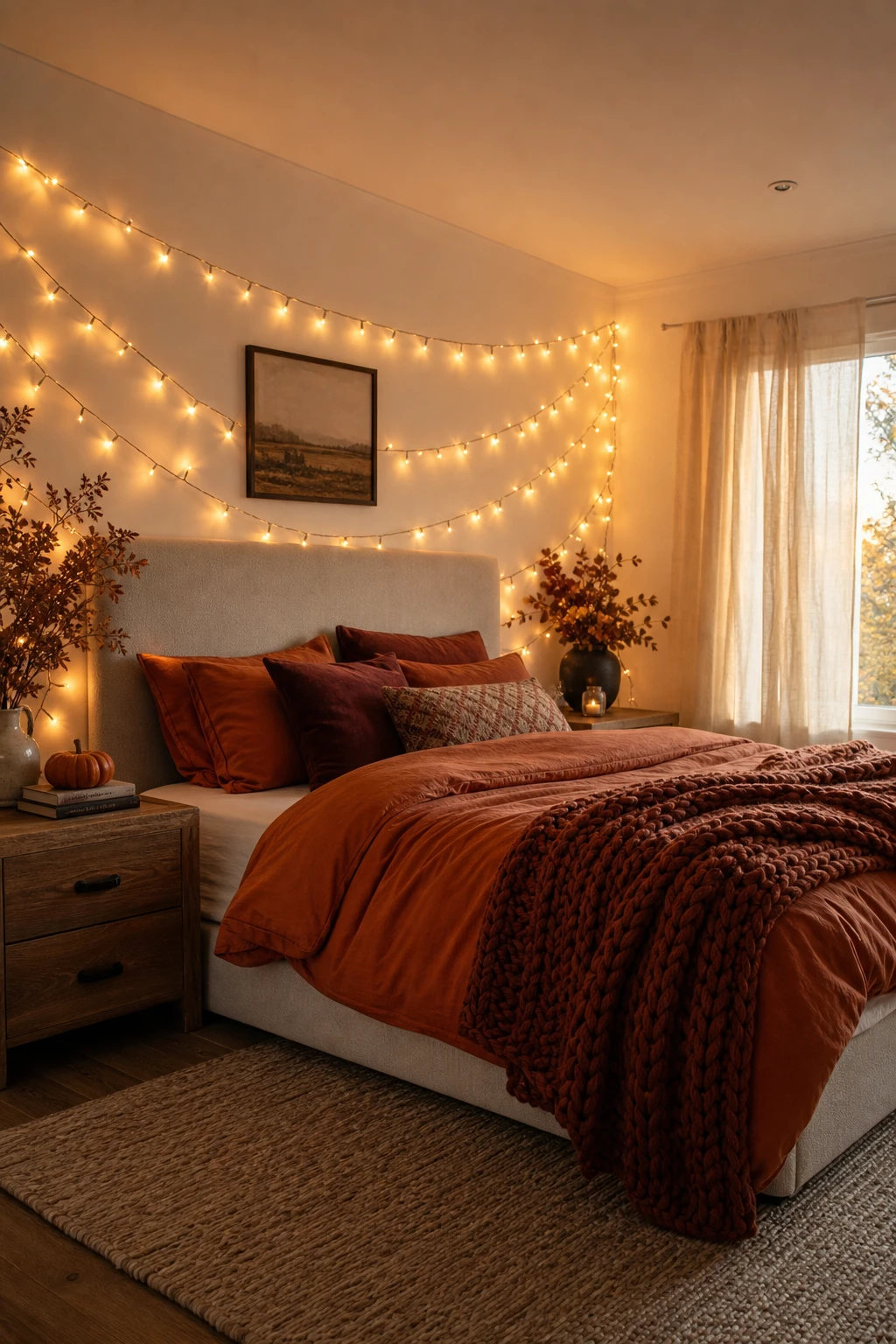 Cozy fall decor bedroom with warm string lights draped above a bed, amber glow over rust bedding, knit throw, and wooden nightstand against All White walls