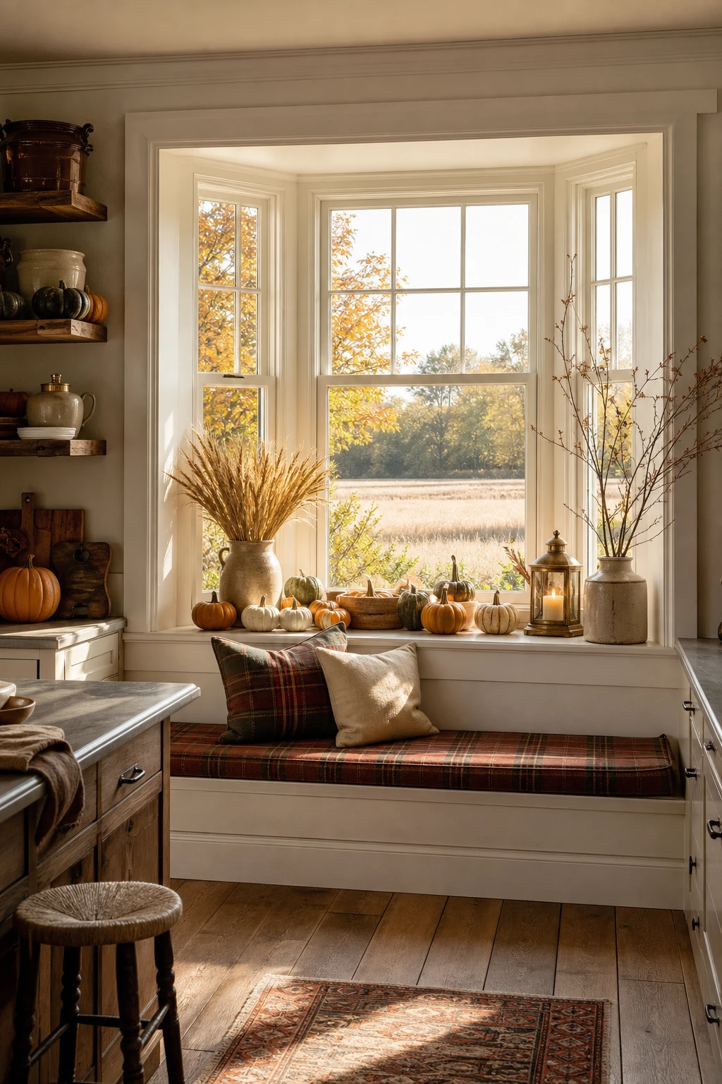 Cozy fall decor kitchen bay window seat with layered amber pumpkins, plaid cushions, dried botanicals, and Farrow & Ball Old White painted window trim in warm autumn light