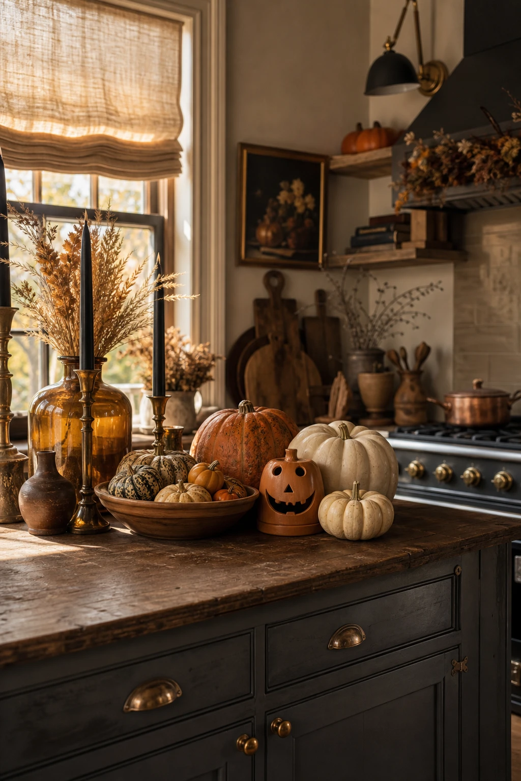 Cozy fall decor kitchen blending harvest and Halloween elements with warm neutrals, dried botanicals, pumpkins, and moody accents in natural light