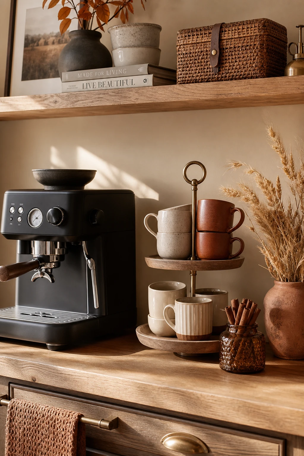 Cozy fall decor kitchen coffee bar setup with warm String painted wall, stacked mugs, dried botanicals, and amber glass jars in soft morning light