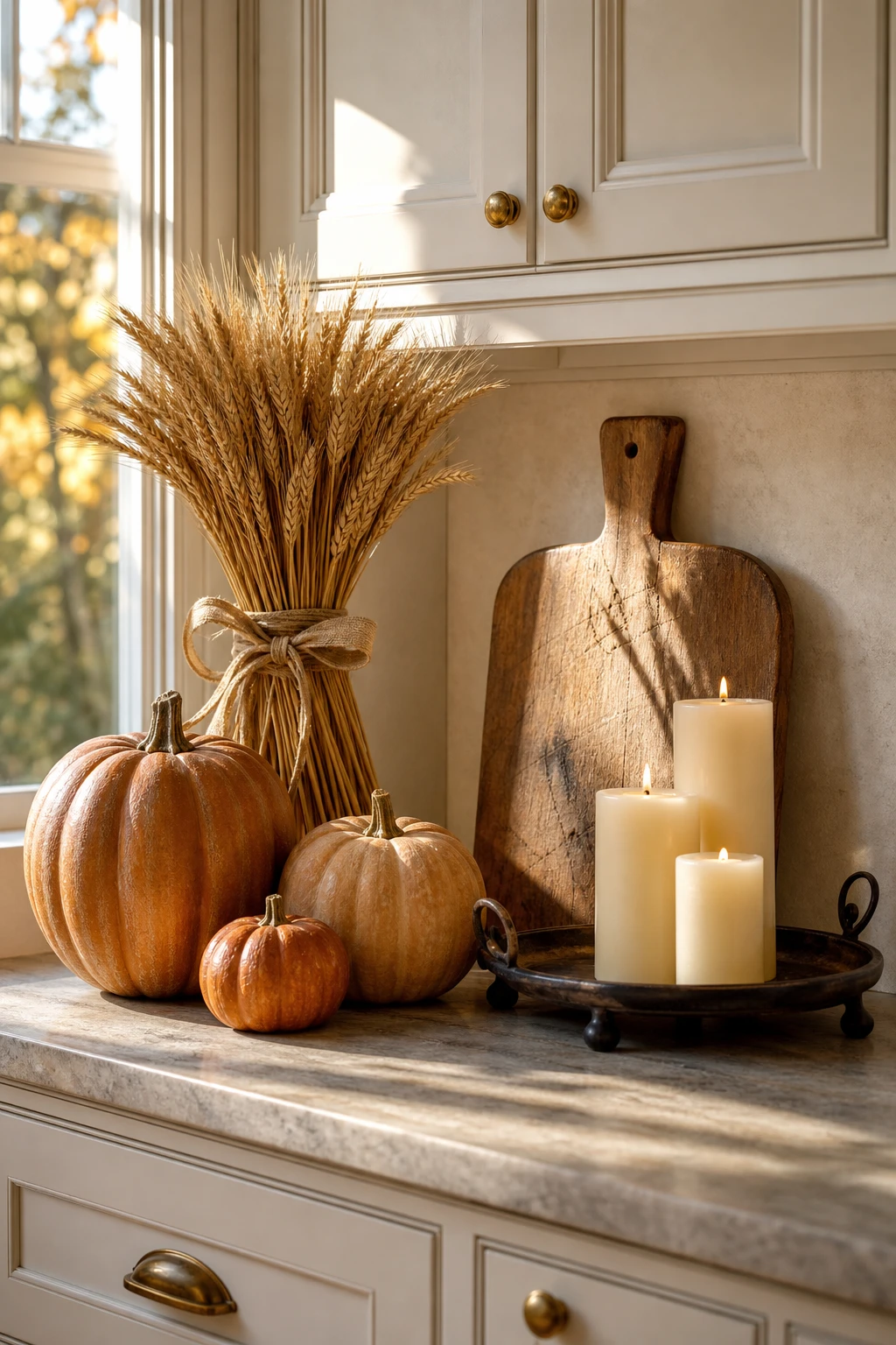 Cozy fall decor kitchen countertop vignette with pumpkins, dried botanicals, a wooden cutting board, and warm candlelight against Wimborne White cabinetry
