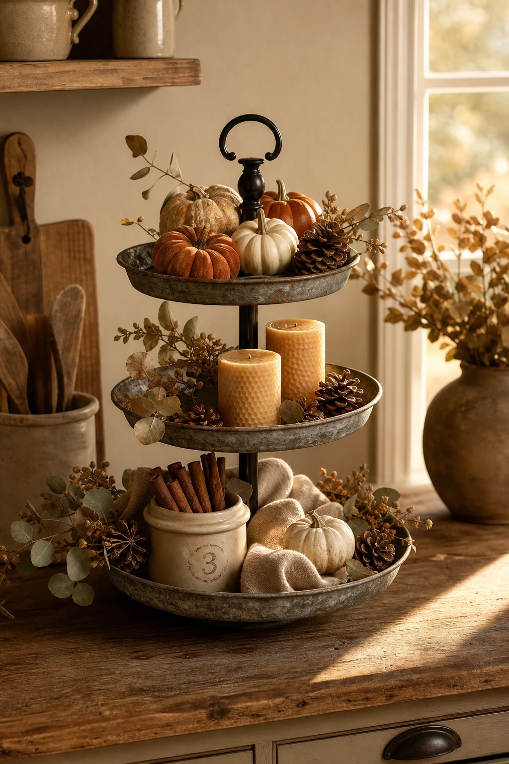 Cozy fall decor kitchen countertop with a three tier tray display styled with mini pumpkins, pinecones, candles, and dried botanicals in warm autumn tones