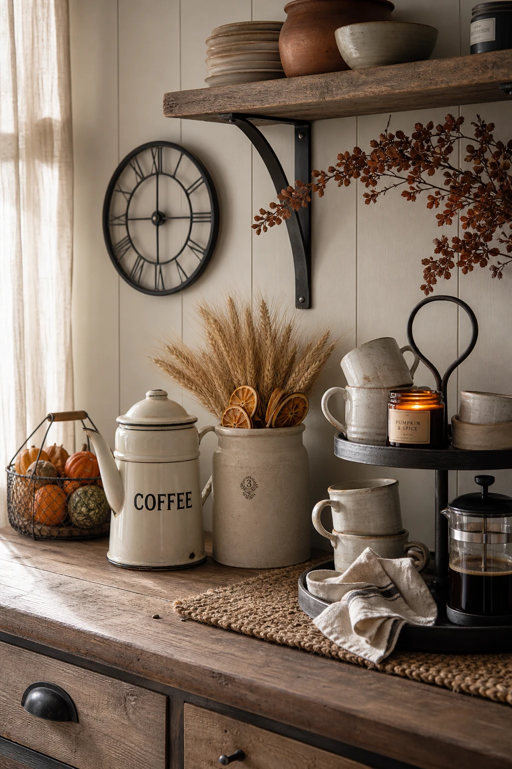 Cozy fall decor kitchen farmhouse coffee station with warm neutral cabinetry, autumnal stems, stacked mugs and a vintage tray under soft morning light