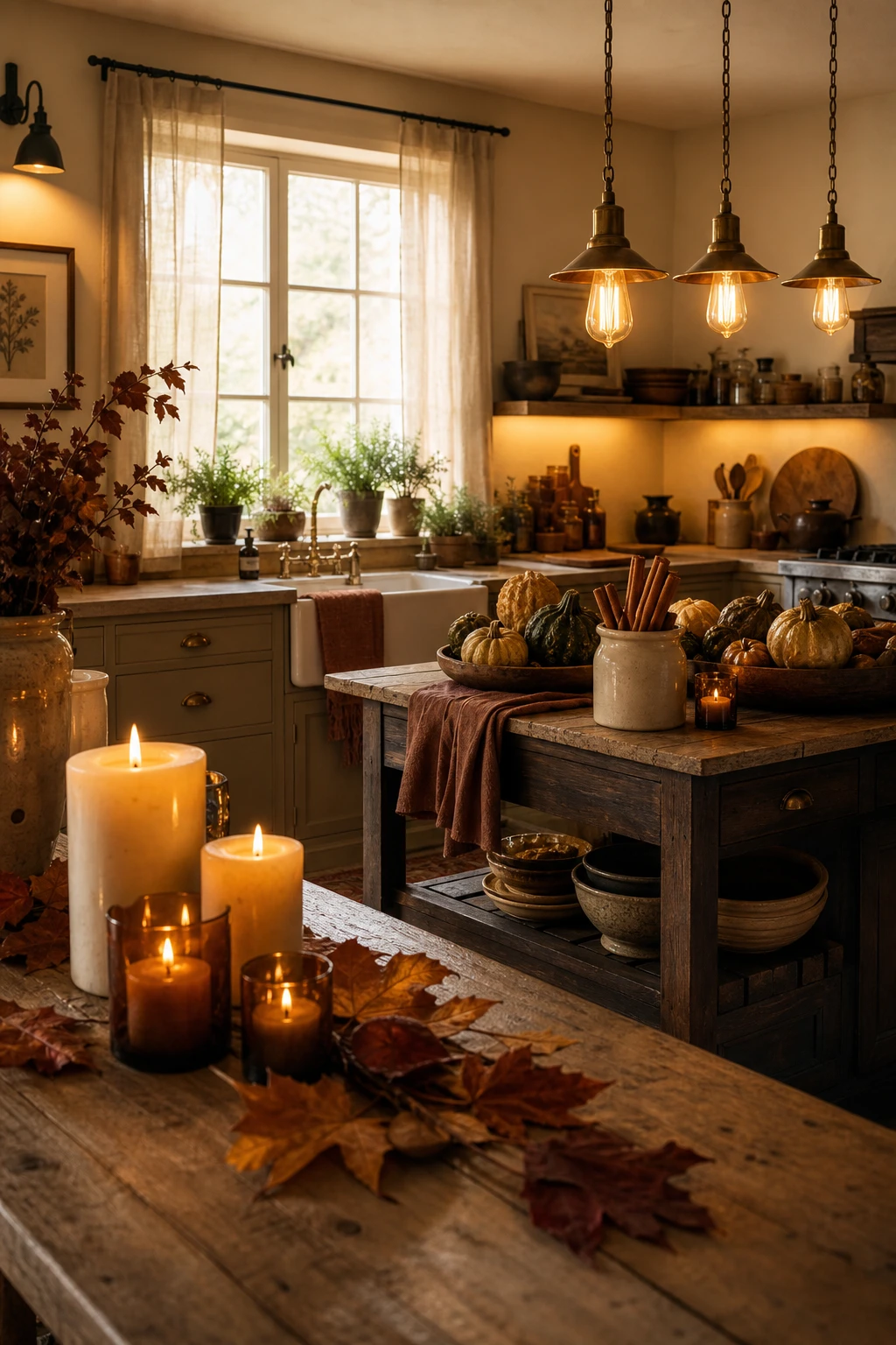 Cozy fall decor kitchen glowing with warm ambient light from layered candles, pendant bulbs and natural window light on Matchstick painted walls