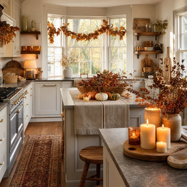 Cozy fall decor kitchen with white cabinets, oak floors, open shelves styled with amber glassware, a leaf garland over a bay window, clustered pumpkins on a central island, and warm late afternoon light.