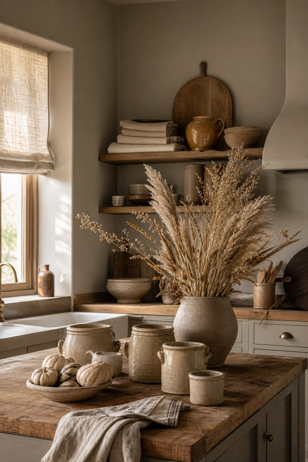 Cozy fall decor kitchen in tonal creams taupes and tans with a neutral palette as the hero, warm natural light, linen textiles and raw wood accents