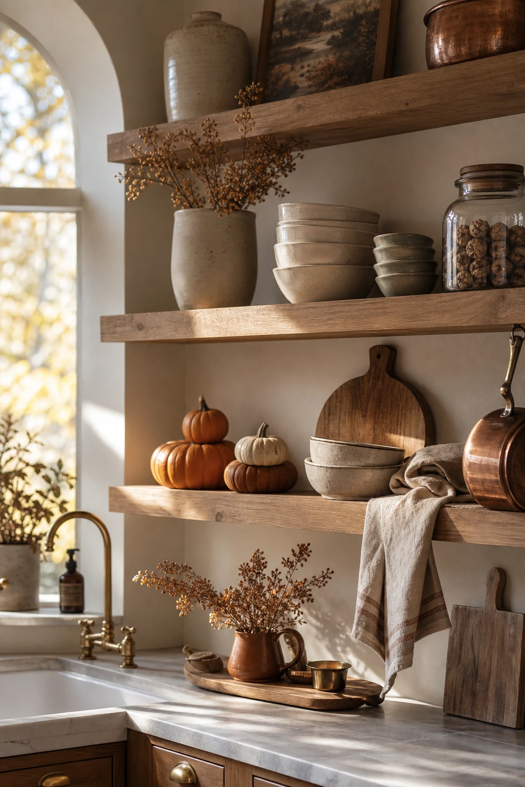 Cozy fall decor kitchen open shelves layered with pumpkins, stoneware, dried botanicals, and warm ceramics against Farrow and Ball Skimming Stone walls